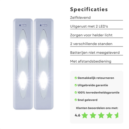 Cheqo® LED Kastlampen met Afstandsbediening - Kastlampjes - Draadloze Kastverlichting - Keukenverlichting - Draadloze Lamp - Zelfklevend - 2 LED - 2 Stuks Kastverlichting