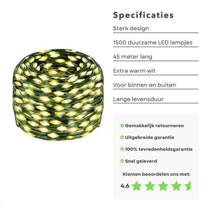 Cheqo® XL Draadverlichting - Kerstverlichting - Kerstlampjes - Kerstboomverlichting -  Lampjes Slinger - Lichtsnoer - LED Lampjes voor Binnen en Buiten - 45 Meter - 1500 LED - Extra Warm Wit Kerstboomverlichting