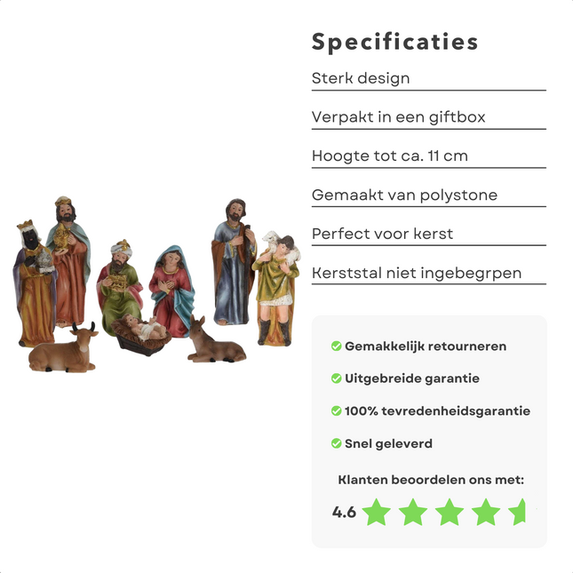 Cheqo® Kerststal Figuren - Kerststalfiguren - Kerstgroep - Kerstbeeldjes - 9-delig Kerststal