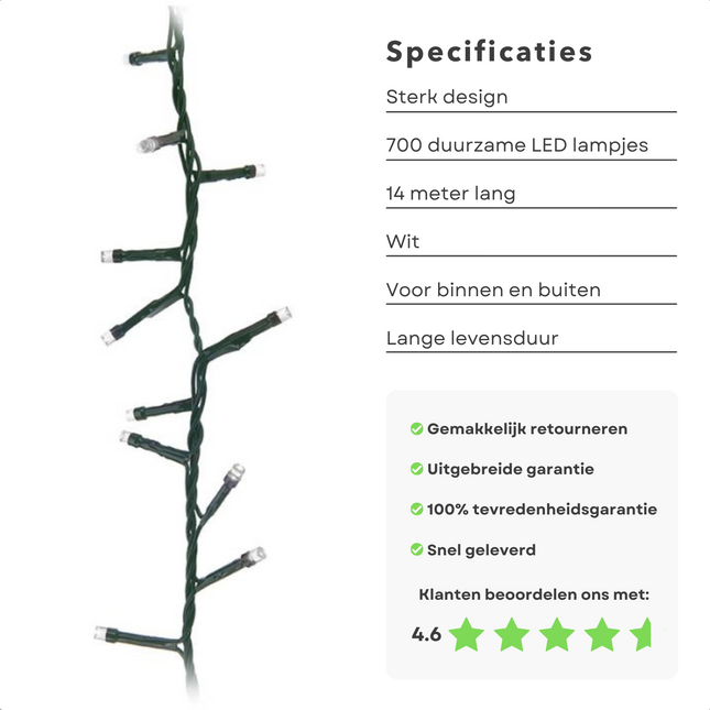 Cheqo® Kerstboomverlichting - Clusterverlichting - Kerstlampjes - Led Verlichting - Kerstverlichting voor Binnen en Buiten - 700 LED - 14 Meter - Wit Clusterverlichting