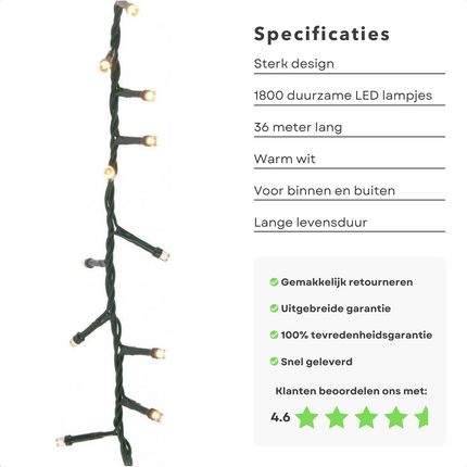 Cheqo® Kerstboomverlichting - Micro Clusterverlichting - Kerstlampjes - Led Verlichting - Kerstverlichting voor Binnen en Buiten - 1800 LED's - 36 Meter - Warm Wit Clusterverlichting