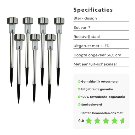 Cheqo® LED RVS Grondspot - Waterdicht - Buitenverlichting - Buitenlamp - Padverlichting - Solar Tuinspot - Tuinverlichting met Zonnepaneel - Solarlamp - 36.5cm - 7 Stuks Grondspot