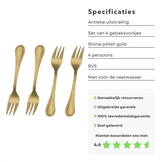 Cheqo® Gouden Gebaksvorkjes - Dessertvorken Goud - Goud Bestek - Taartvorkjes - Kleine Vorkjes - Cocktailvorken - 4 Stuks - Goud Gebaksvorken