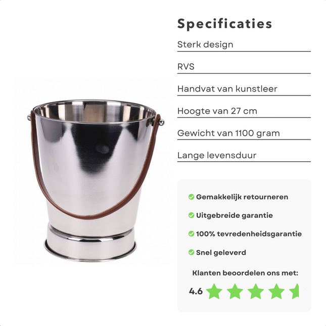 Cheqo® Luxe Champagnekoeler met Handvat - Wijnkoeler - Wijnemmer - IJsemmer - RVS - Ø24 cm Wijnkoeler
