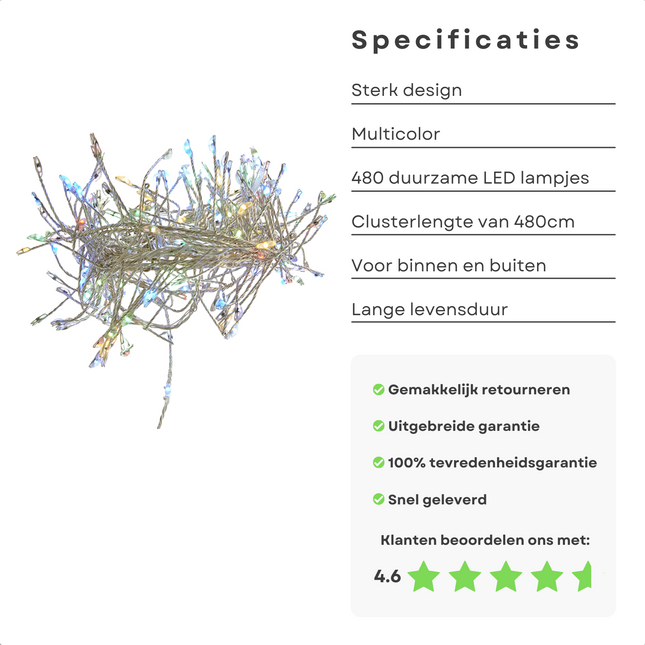 Cheqo® Kerstboomverlichting - Zilverdraad Clusterverlichting - Kerstlampjes - Led Verlichting - Kerstverlichting voor Binnen en Buiten - 480 LED - 5 Meter - Multicolor Clusterverlichting