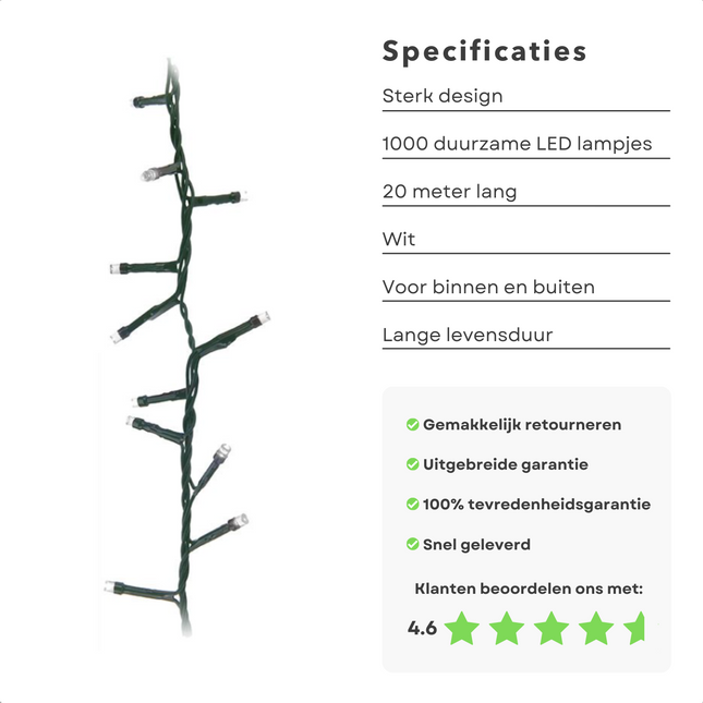 Cheqo® Kerstboomverlichting - Micro Clusterverlichting - Kerstlampjes - Led Verlichting - Kerstverlichting voor Binnen en Buiten - 1000 LED's - 20 Meter - Wit Clusterverlichting
