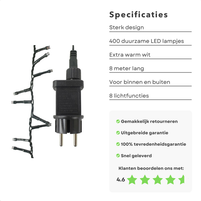 Cheqo® Kerstboomverlichting - Clusterverlichting - Kerstlampjes - Led Verlichting - Kerstverlichting voor Binnen en Buiten - 400 LED - 8 Meter - Binnen en Buiten - Extra Warm Wit Clusterverlichting