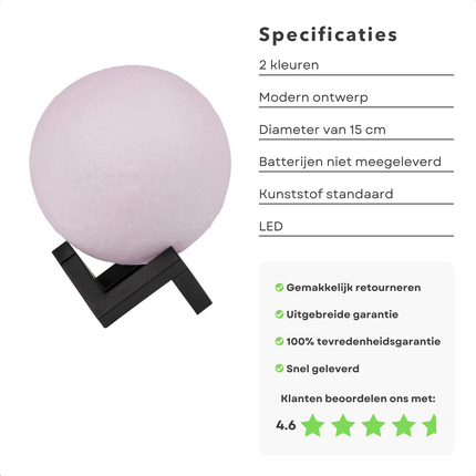 Cheqo® Maanlamp LED - 3D Tafellamp - Bedlamp - Maan Lamp - Moonlight - ø15cm - Multicolor - Werkt op Batterijen Tafellamp