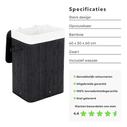 Cheqo® Opvouwbare Wasmand - Opbergmand - Linnenmand - Wasbox - Wassorteerder - Laundry Basket - Wasmand Opvouwbaar - Bamboe Zwart - 40x30xH60cm wasmand