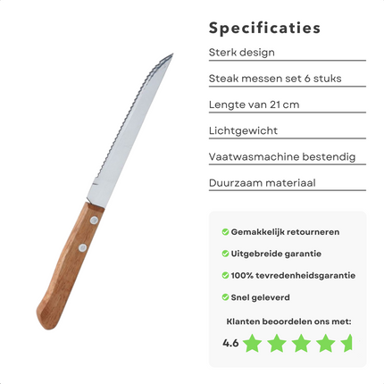 Cheqo® RVS Steakmessen Set - Messenset - Tafelmessen - Vleesmessen - Steakmessenset - Vaatwasserbestendig - 6 Stuks - 21 cm Steakmessen