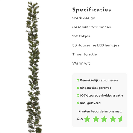 Cheqo® XL Guirlande met Kerstverlichting - Kerstlampjes - Kerstslinger - Warm Wit - 270cm - 150 takjes - 50 LED - Met Timer Functie Guirlande