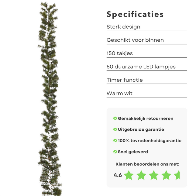 Cheqo® XL Guirlande met Kerstverlichting - Kerstlampjes - Kerstslinger - Warm Wit - 270cm - 150 takjes - 50 LED - Met Timer Functie Guirlande