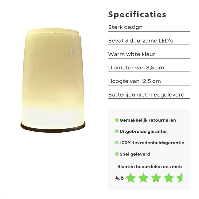 Cheqo® Luxe Tafellamp - Bedlamp - Lamp - Sfeerverlichting - Warm Wit - ø8.5cm - 12.5cm Hoog - Op Batterijen Tafellamp