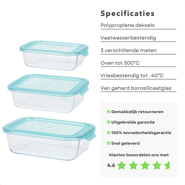 Cheqo® Stevige Vershoudbakjes - Meal Prep Bakjes - Lunchbox - Diepvriesbakjes - Vershouddoos - Magnetron Bakjes met Deksel - Geschikt voor Oven en Magnetron - 3 Stuks Vershoudbakjes