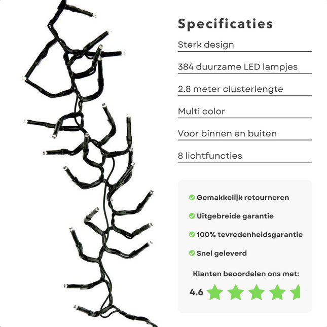 Cheqo® Kerstboomverlichting - Clusterverlichting - Kerstlampjes - Led Verlichting - Kerstverlichting voor Binnen en Buiten - 384 LED - 2.8m - Multicolor Clusterverlichting