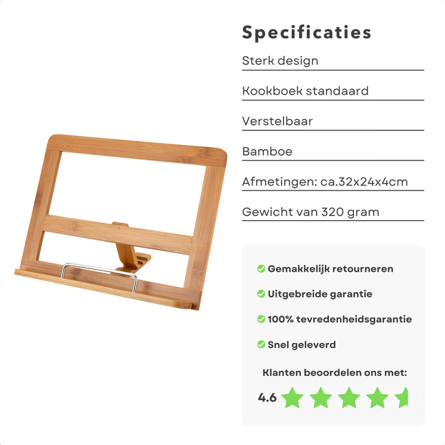 Cheqo® Kookboek Standaard - Kookboekstandaard - Boek Standaard - Muziekboek Standaard - Boek Houder - Boekenstandaard - Tablet Standaard - Bamboe boekenstandaard