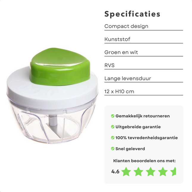 Cheqo® PRO Hakmolen - Chopper - Groentesnijder met Trekkoord - Rasp - Uiensnijder - Uienhakker - Hakker - 12x10cm Hakmolen