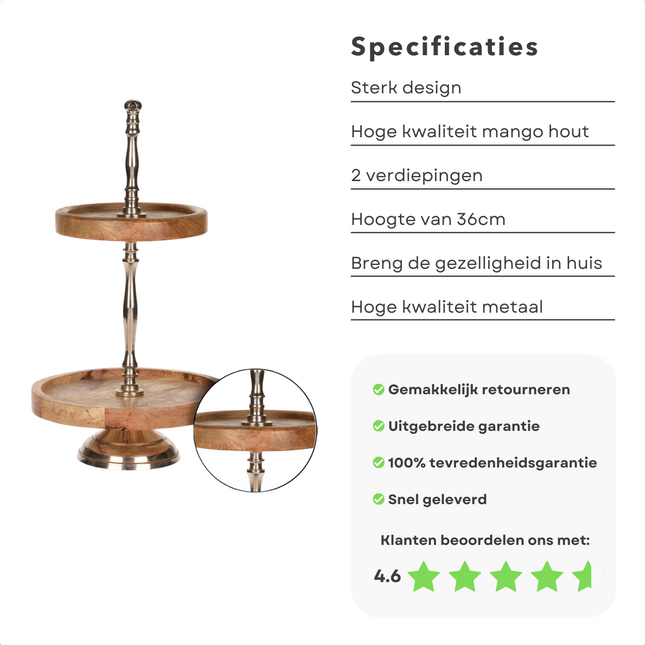 Cheqo® Luxe Etagère - Serveerplank - Serveertoren - Mangohout - 2 laags Etagere
