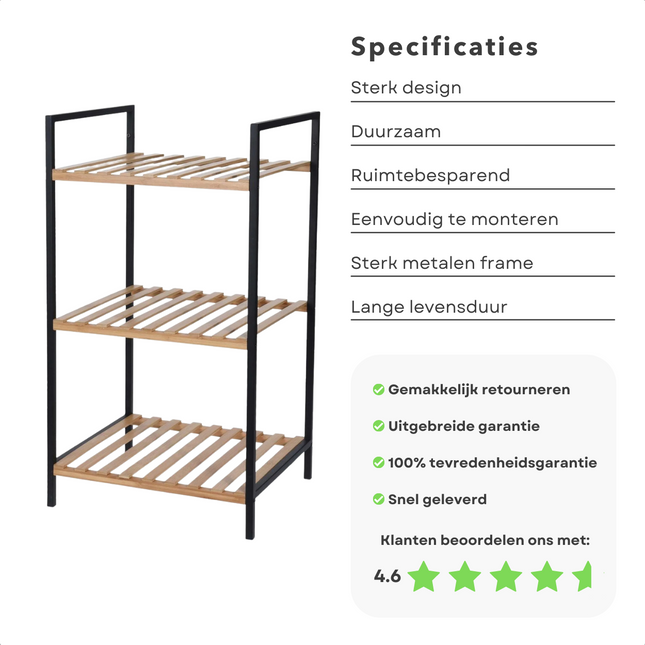 Cheqo® Badkamer Rek - Hoog Badkamerrek - 3 laags - Handoekenrek - Handoekrek - Metaal - Badkamerkast - Badkamermeubel - 38 x 32 x 70cm Badkamerkast