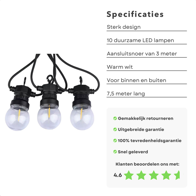 Cheqo® Lichtsnoer - Fairy Lights - Lichtslinger voor Binnen en Buiten - Kerst Verlichting - Tuinverlichting - Feestverlichting - Warm Wit - 10 LED Bolletjes - 7.5 Meter Lichtsnoeren
