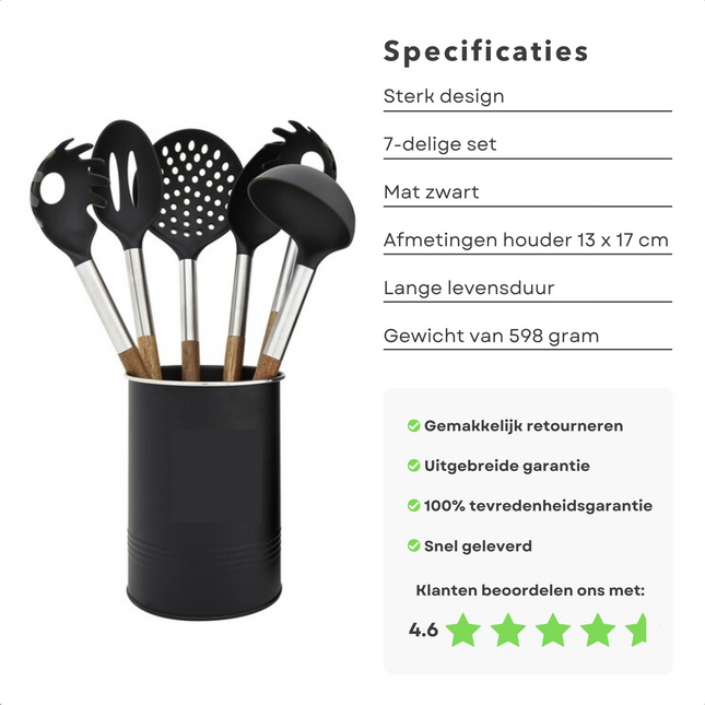 Cheqo® Keukengerei Set met Houder - Keukengereedschap - Kookgerei Set - Spatel - Bakspaan - Opscheplepel - Schuimspaan - Soeplepel - Spaghettilepel - ø13x17cm - Metalen Houder Keukengerei Set
