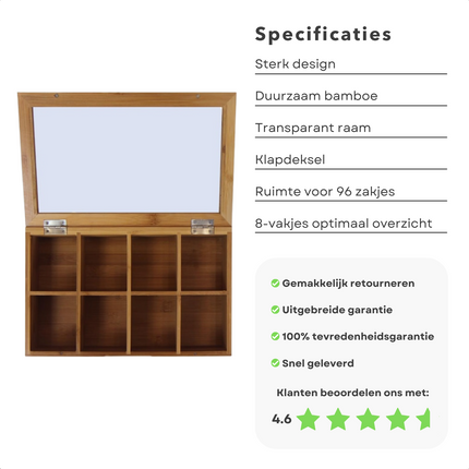 Cheqo® Theekist - Theedoos - 8 vakken - Bamboe Theekist