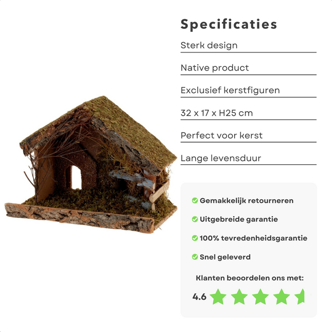Cheqo® Kerststal Zonder Figuren - Kersttafereel - Kerstdorp - 32 x 17 x H25cm Kerststal
