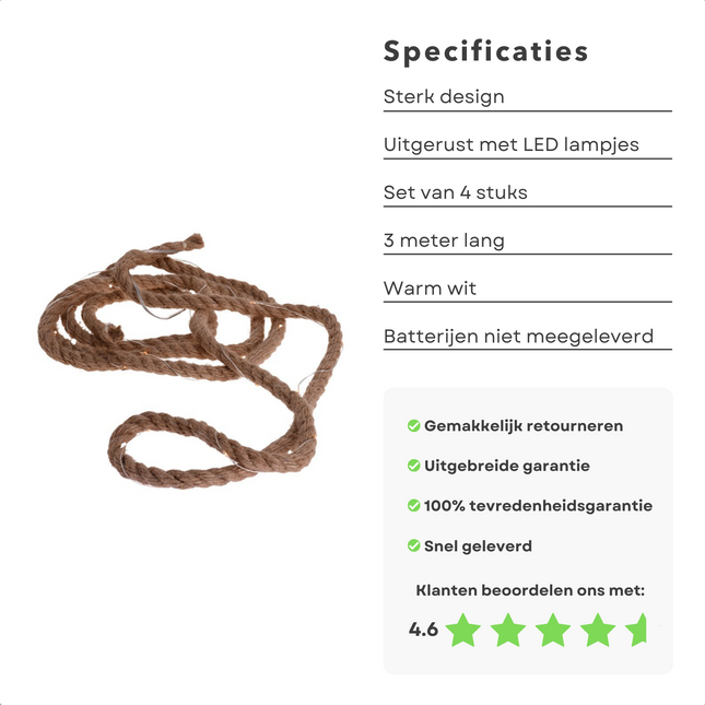 Cheqo® Lichtslang van Jute - Jute Touw - Touw met LED - Lichtsnoer Touw - Touwverlichting - Kerstverlichting - 3 Meter - Op Batterijen - 4 Stuks Lichtsnoer