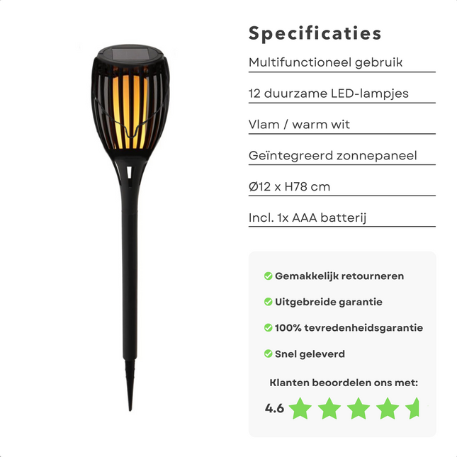Cheqo® Tuinfakkel op Zonneenergie - Tuinverlichting Zonne Energie - Prikspot - Padverlichting - Tuinlantaarn - Buitenverlichting - ø12cm - 78 cm Hoog - 3-in-1 - Prikspot - Staand of Hangend Tuinspots