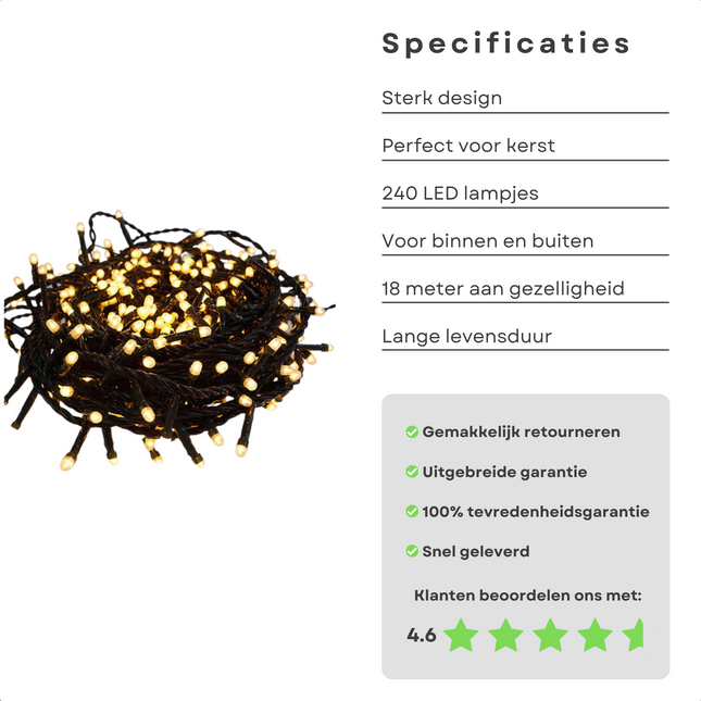 Cheqo® Kerstboomverlichting voor Binnen en Buiten - Kerstlampjes - Kerstbolletjes - Lichtbolletjes - Led Verlichting - Kerstverlichting - 240 LED - 18 Meter - Warm Wit Kerstboomverlichting