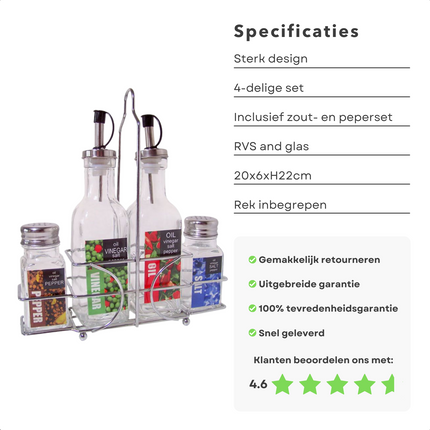 Cheqo® Azijnstel - Peper en Zout Set - Oliefles - Azijnfles - RVS - Met Houder - Kruidenrek Kruidenrek