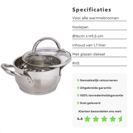 Cheqo® Kookpan 16cm - 1.7L - RVS 18/10 - Glazen Deksel - Maatverdeling - Energiebesparende Bodem - Voor Alle Warmtebronnen Inclusief Inductie - Vaatwasmachine-bestendig Kookpan