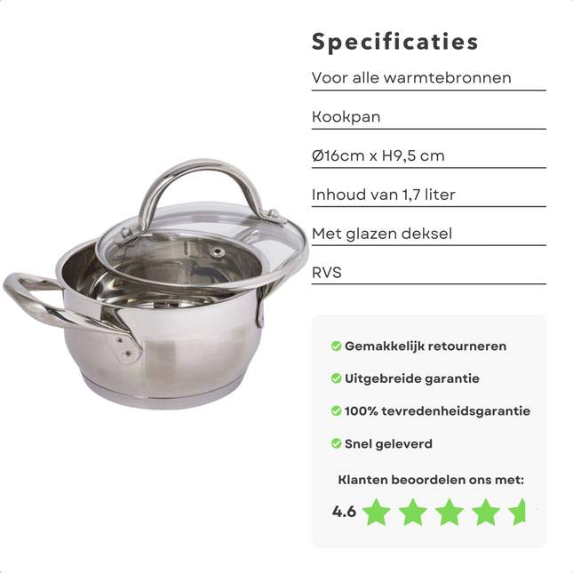 Cheqo® Kookpan 16cm - 1.7L - RVS 18/10 - Glazen Deksel - Maatverdeling - Energiebesparende Bodem - Voor Alle Warmtebronnen Inclusief Inductie - Vaatwasmachine-bestendig Kookpan