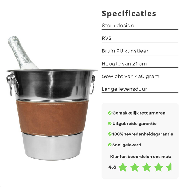 Cheqo® Luxe Champagnekoeler - Wijnkoeler - Wijnemmer - IJsemmer - RVS - Ø21 cm Wijnkoeler
