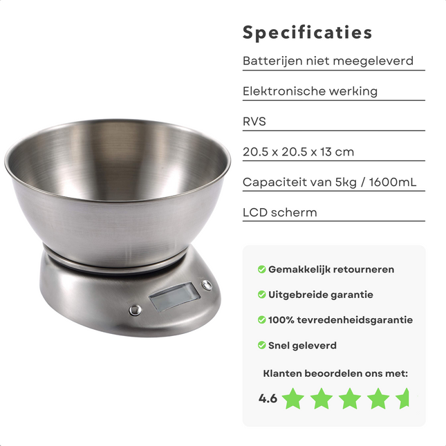 Cheqo® Keukenweegschaal met Mengkom - RVS Beslagkom - Digitale Keukenweegschaal - Elektronische Weegschaal - Tot 5 KG - Keuken Weegschaal - Op Batterijen Keukenweegschaal digitaal