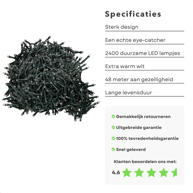 Cheqo® Kerstboomverlichting - Micro Clusterverlichting - Kerstlampjes - Led Verlichting - Kerstverlichting voor Binnen en Buiten - 2400 LED's - 48 Meter - Extra Warm Wit Clusterverlichting
