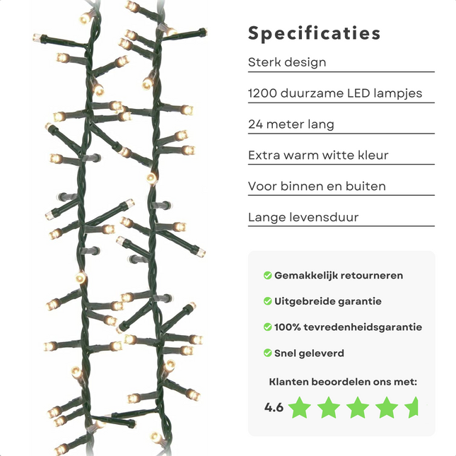 Cheqo® Kerstboomverlichting - Micro Clusterverlichting - Kerstlampjes - Led Verlichting - Kerstverlichting voor Binnen en Buiten - 1200 LED - 24m - Met Timer en dimmer - Extra Warm Wit Clusterverlichting