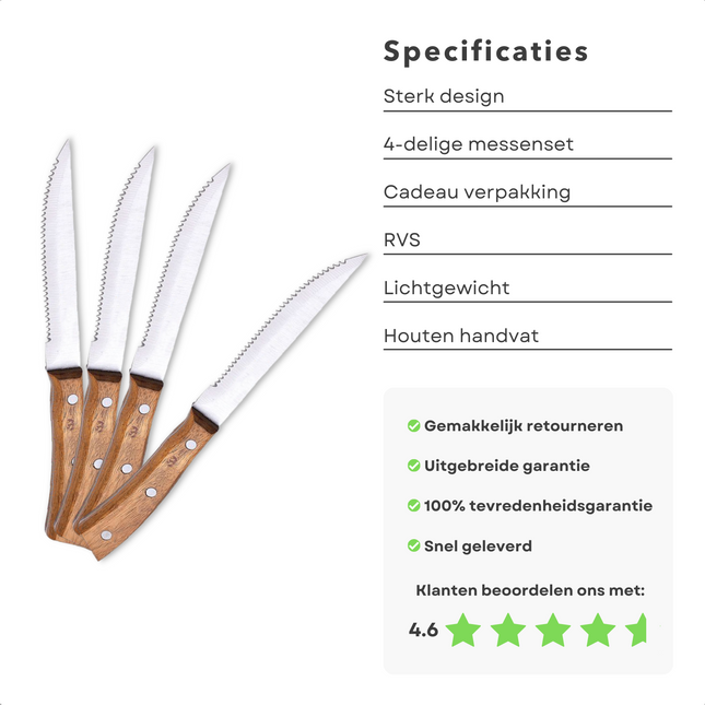 Cheqo® RVS Steakmessen Set - Messenset - Kartelmessen - Tafelmessen - BBQ Messen - Vleesmessen - Steakmessenset - Vaatwasserbestendig - 4 Stuks - 23.5 cm Steakmessen