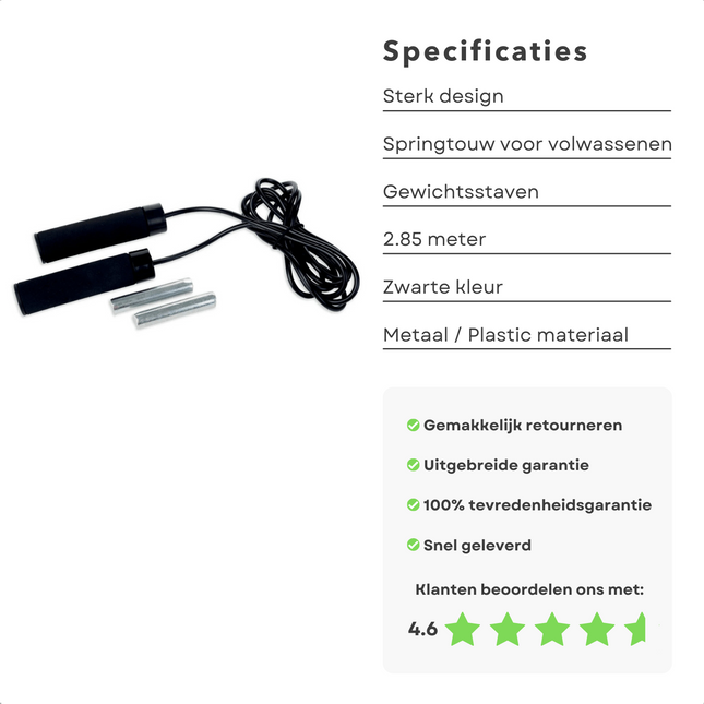 Cheqo® FIT Verzwaard Springtouw - Fitness Jumping Rope - Met Gewicht - Crossfit - 160 gram - 2.85 m Springtouwen