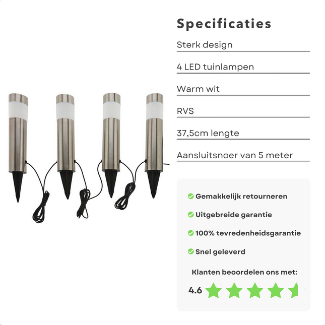 Cheqo® Tuinverlichting - Tuinlampen - Padverlichting - RVS - Grondpin - Tuin Verlichting - Buitenverlichting - 37.5cm - 4 Stuks Padverlichting