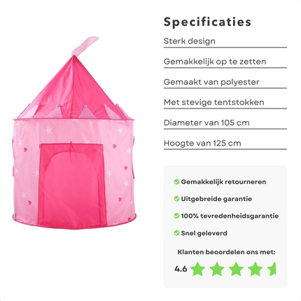 Cheqo® Speeltent - Kinderspeeltent - Prinsessen Kasteel - Prinsessentent - Polyester - Met Opbergzak - Roze - Ø105x125cm Speeltent