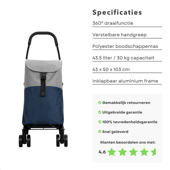 Cheqo® Boodschappentrolley met Wielen - Boodschappenkar - Trolley - Uitneembare Tas - Afneembare Boodschappentas - 43.5 Liter - 43x50x103cm - Blauw Grijs Boodschappentrolleys