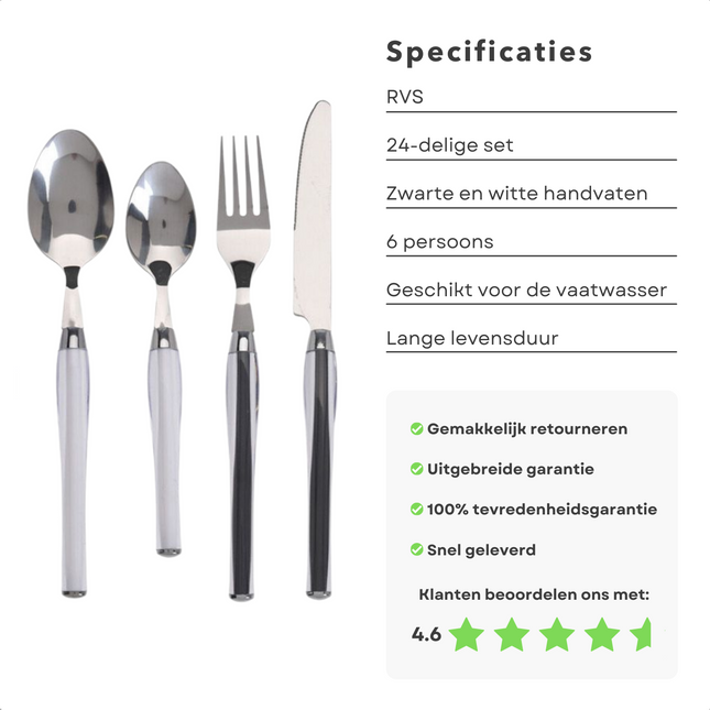 Cheqo® Luxe Zilverkleurig Bestekset - RVS - Witte of Zwarte Handvaten - 24 Delig - Zilver Bestek - Lepels - Messen - Vorken - Voor 6 Personen Bestekset