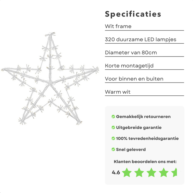 Cheqo® XL Kerstster Figuur - Lichtgevende Kerstster - Ster - Lichtslang - Slangverlichting - Kerstdecoratie - 80cm - 320LED Verlichte Kerstfiguren