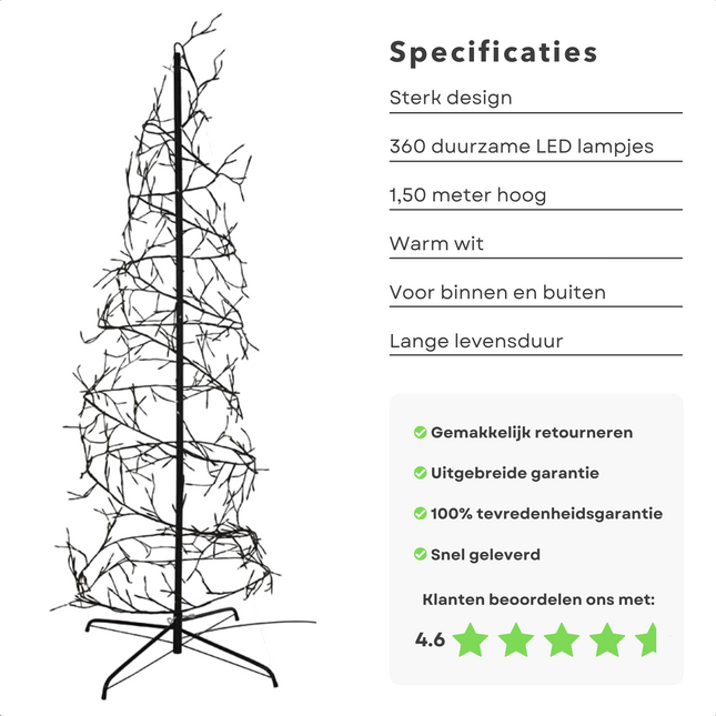Cheqo® Kerstboom spiraal 150cm - 360 LED - Zwart - 1.50m Hoog - Warm wit - 8 functies en geheugen - Geschikt voor binnen en buiten - Verbruik van 9W - Lichtboom - Lichttakken - Woonkamer - Kerst Lichttakken