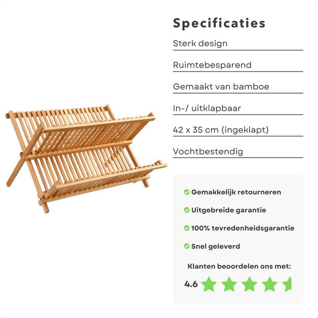 Cheqo® Bamboe Afdruiprek - Afwas - Afdruip Rek - Uitklapbaar - 42x35cm Afdruiprek