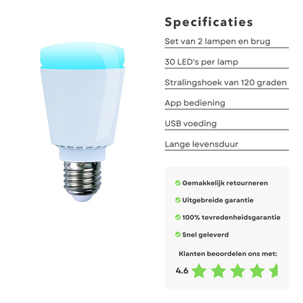Cheqo® Smart Lampen - Lampenset - LED - Smart Led Spots - WiFi LED Verlichting - Inclusief WiFi Brug - RGB - E-27 - 2 Stuks LED Lampen