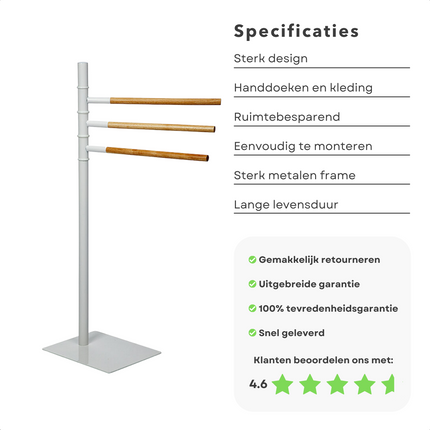 Cheqo® Handdoekhouder - Handdoekrek - Handdoeken Rek - Handdoekstang - 3 Stangen Handdoekhouder