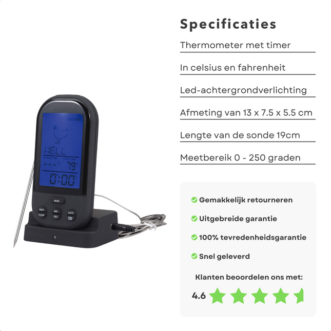 Cheqo® Draadloze Vleesthermometer - Keukenthermometer - Kernthermometer - Oventhermometer - Vleesthermometer Digitaal - Vlees Thermometer - Met Ontvanger Vleesthermometer
