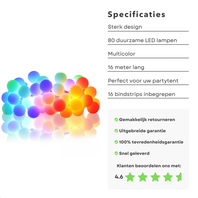 Cheqo® Lichtsnoer - Fairy Lights - Lichtslinger voor Binnen en Buiten - Kerst Verlichting - Tuinverlichting - Feestverlichting - Partyverlichting - 80 LED Bolletjes - ø25mm - Multicolor - 16 Meter Lichtsnoeren